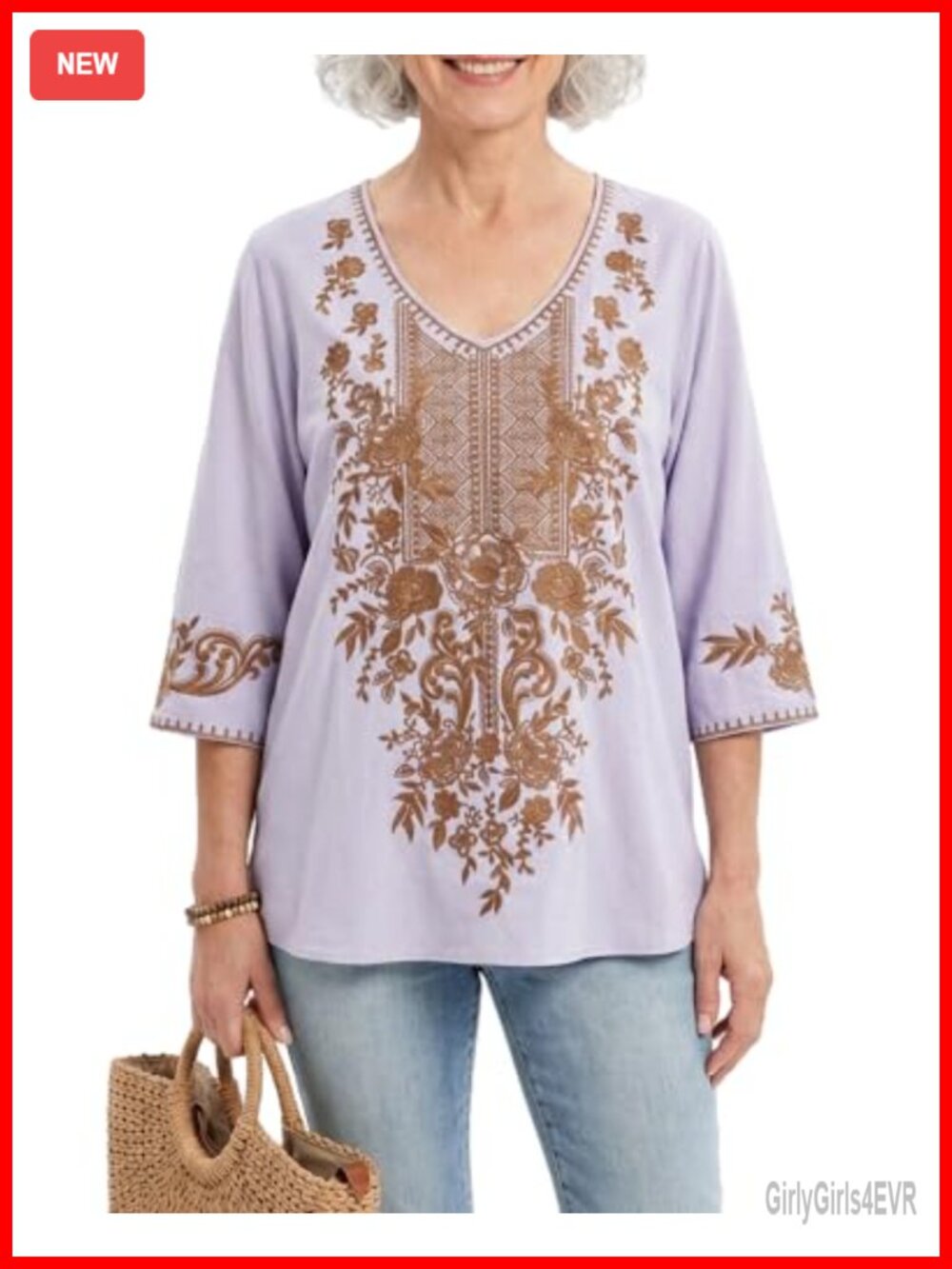 Mexican Embroidered Peasant Blouse Loose Floral Tunic 3/4 Sleeve V-Neck